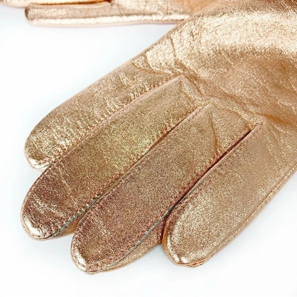 Rose Gold Leather Gloves With Plush Fur Cuffs Size 7